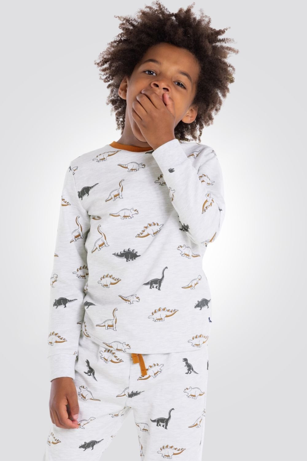OKAIDI - סט פיג'מה ילדים שרוול ארוך אפור בהיר מלאנג' עפ הדפס דינואזורים - MASHBIR//365