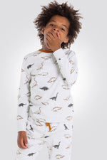 OKAIDI - סט פיג'מה ילדים שרוול ארוך אפור בהיר מלאנג' עפ הדפס דינואזורים - MASHBIR//365