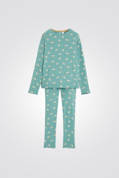 OKAIDI - סט פיג'מה ילדות שרוול ארוך בירוק אקווה עם הדפס פרחים צהובים - MASHBIR//365