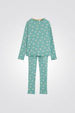 OKAIDI - סט פיג'מה ילדות שרוול ארוך בירוק אקווה עם הדפס פרחים צהובים - MASHBIR//365