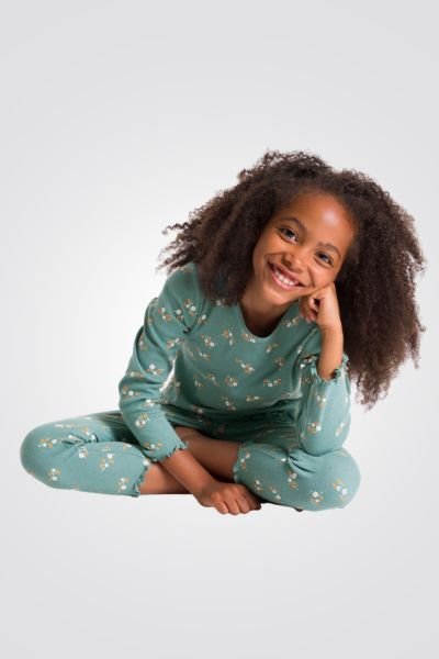 OKAIDI - סט פיג'מה ילדות שרוול ארוך בירוק אקווה עם הדפס פרחים צהובים - MASHBIR//365