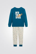 OKAIDI - סט פיג'מה לילדים שרוול ארוך הדפס זרחני בחושך של חללית בירוק אקווה ומכנסים בז' - MASHBIR//365