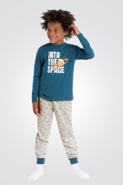 OKAIDI - סט פיג'מה לילדים שרוול ארוך הדפס זרחני בחושך של חללית בירוק אקווה ומכנסים בז' - MASHBIR//365
