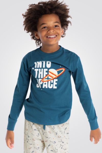 OKAIDI - סט פיג'מה לילדים שרוול ארוך הדפס זרחני בחושך של חללית בירוק אקווה ומכנסים בז' - MASHBIR//365