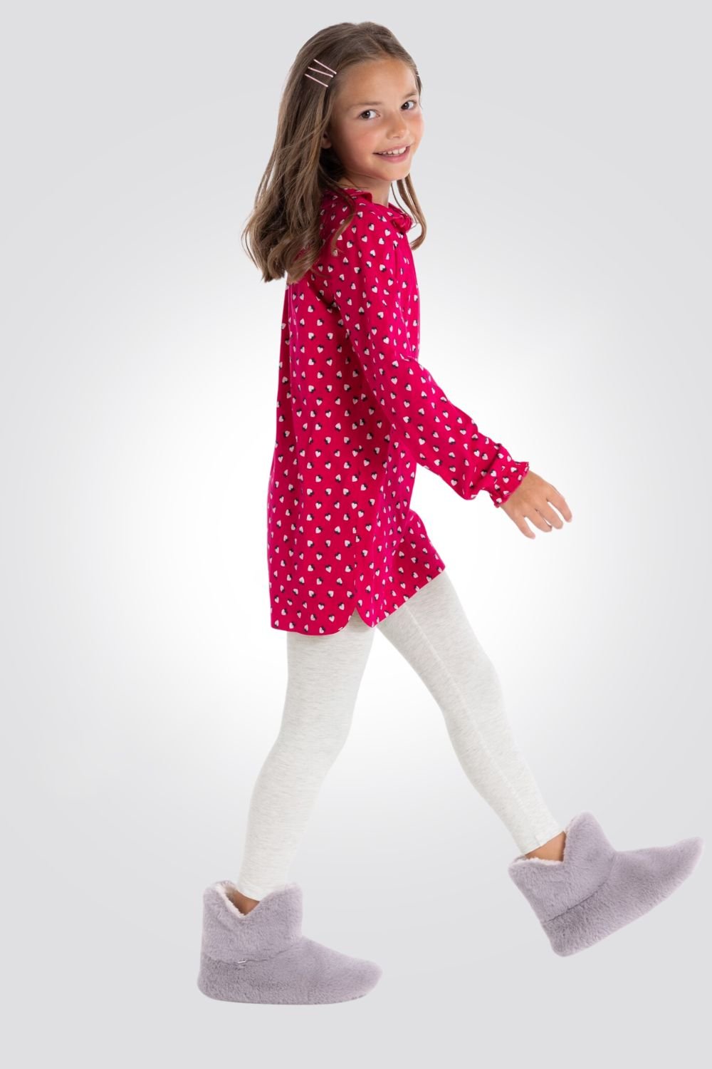 OKAIDI - סט פיג'מה לילדות שרוול ארוך טוניקה ורודה עם טייץ אפור בהיר מלאנג' - MASHBIR//365