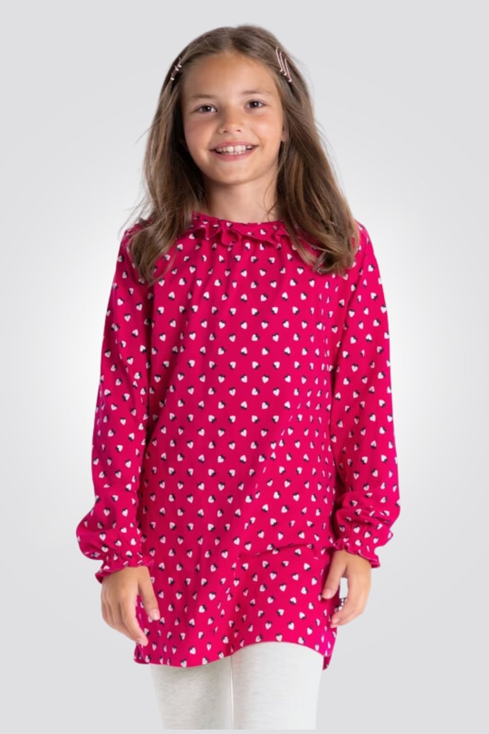 OKAIDI - סט פיג'מה לילדות שרוול ארוך טוניקה ורודה עם טייץ אפור בהיר מלאנג' - MASHBIR//365