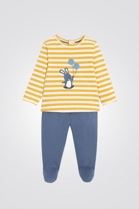 OBAIBI - סט פיג'מת תינוקות חולצה שרוול ארוך פסים צהוב לבן ומכנס רגלית כחול - MASHBIR//365