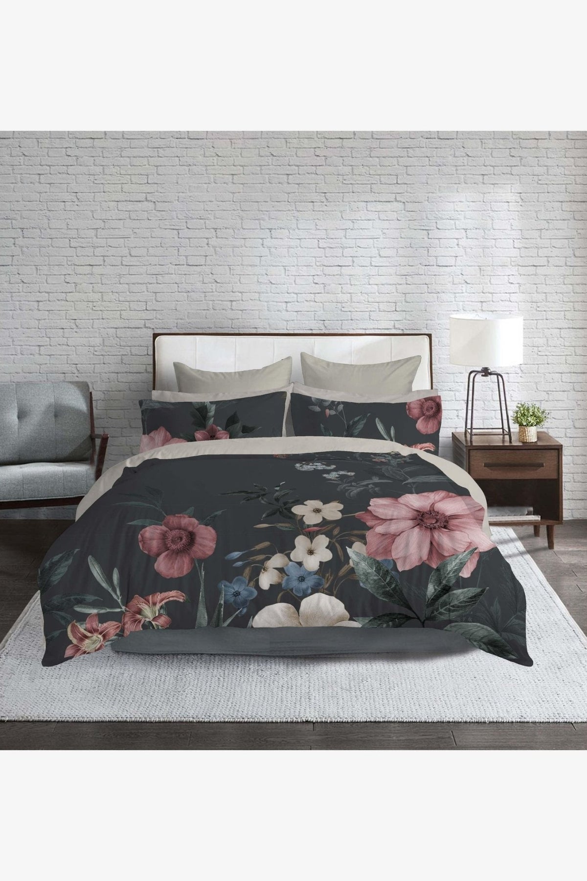 KENNETH COLE - סט מצעים זוגי קינג סייז 200/200 כותנה סאטן דגם FLORA בצבע אפור כהה - MASHBIR//365