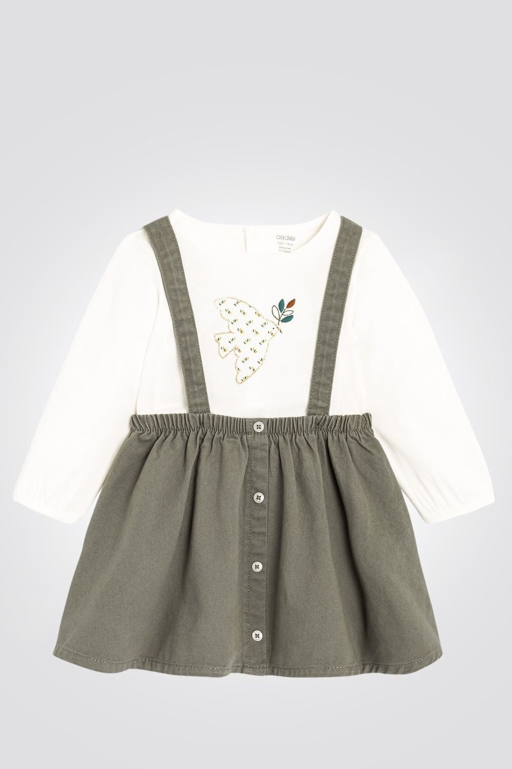 OBAIBI - סט שמלת תינוקות סארפן בצבע זית עם טישירט שרוול ארוך בצבע שמנת - MASHBIR//365