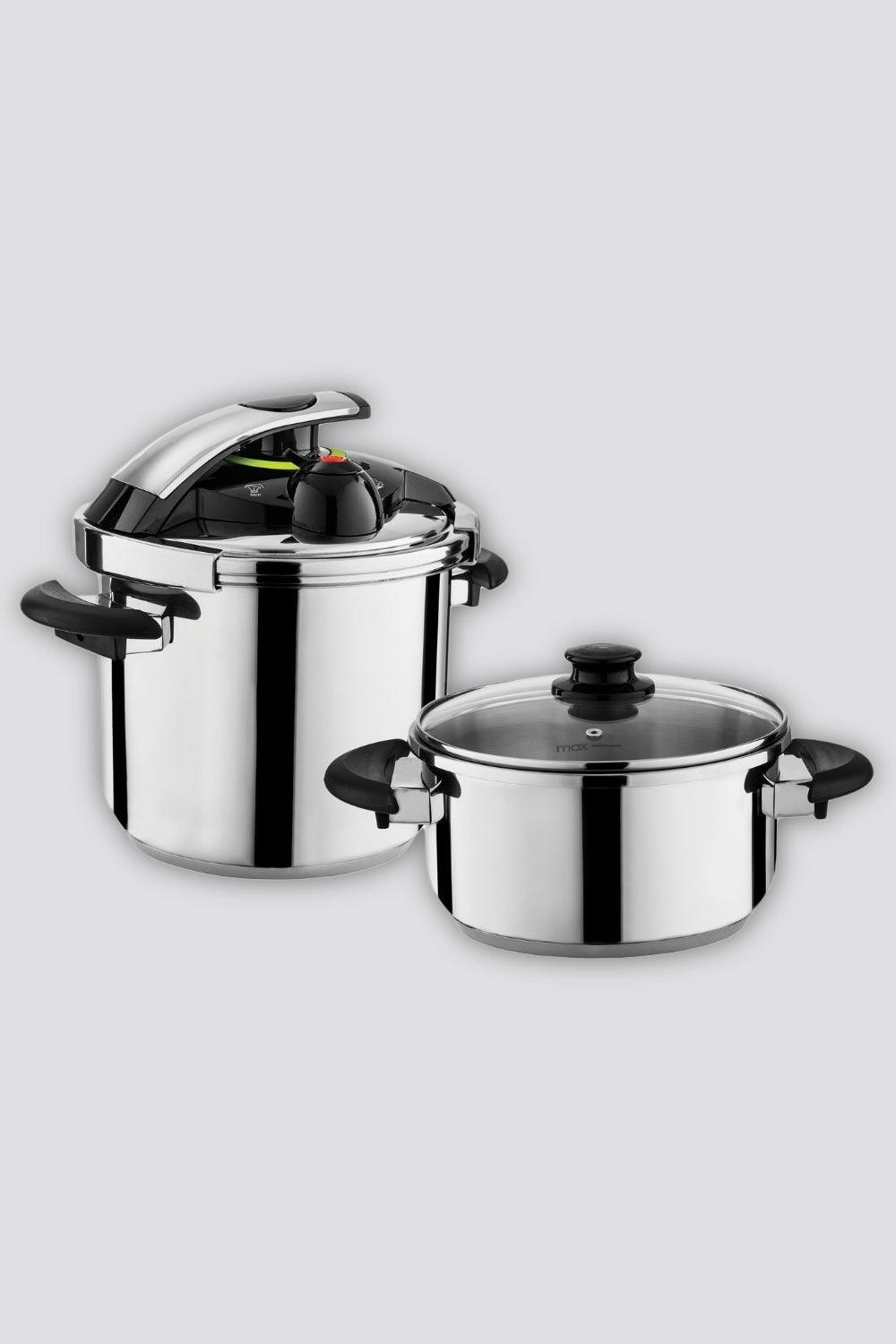 ARCOSTEEL - סט סיר לחץ 7 ליטר + מכסה + סיר 4 ליטר + מכסה דגם ג'ניוס ידיות שחורות - MASHBIR//365