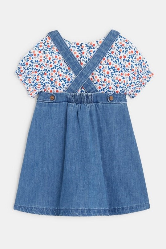 OBAIBI - שמלת אוברול ג'ינס לתינוקות וחולצת טריקו פרחונית כחולה - MASHBIR//365
