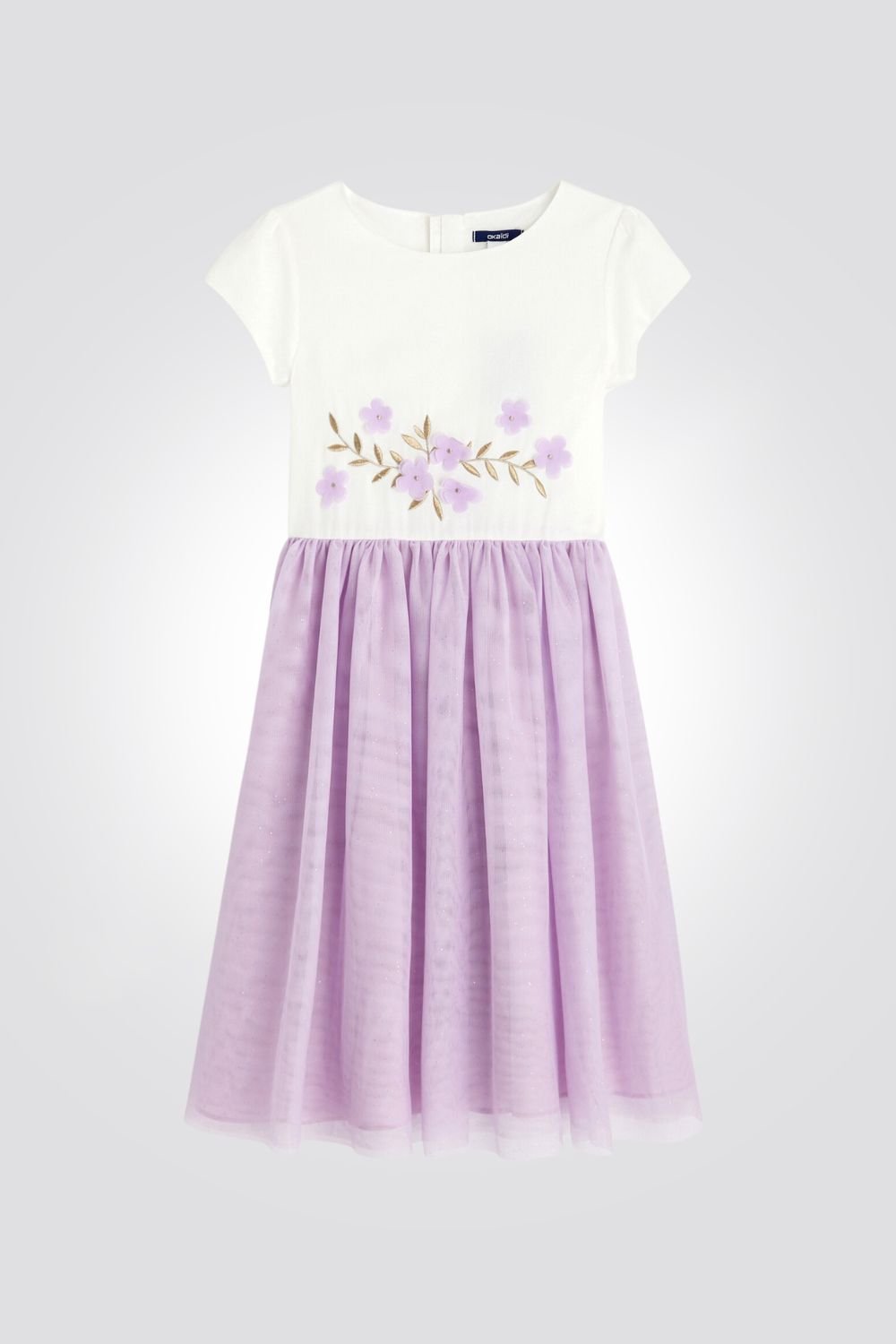 OKAIDI - שמלת ילדות חגיגית לבן עם ריקמת פרחים עם טול סגול בהיר - MASHBIR//365
