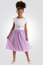 OKAIDI - שמלת ילדות חגיגית לבן עם ריקמת פרחים עם טול סגול בהיר - MASHBIR//365