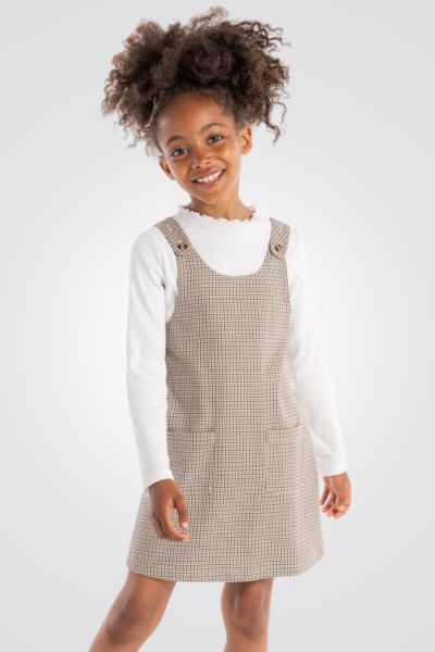 OKAIDI - שמלת ילדות סארפן שיבוץ חום קאמל שמנת - MASHBIR//365