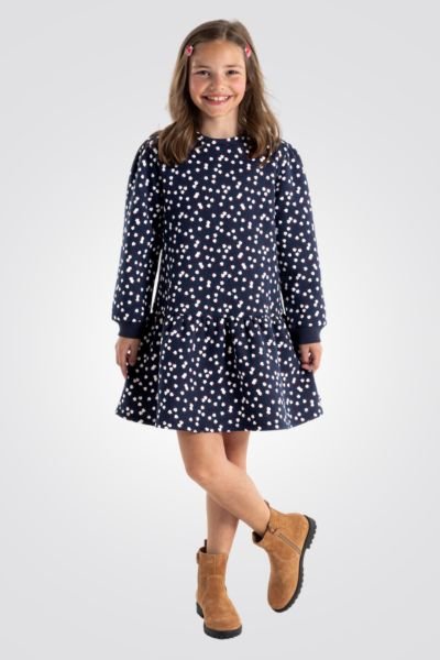 OKAIDI - שמלת ילדות שרוול ארוך הדפס פרחים לבנים על כחול - MASHBIR//365