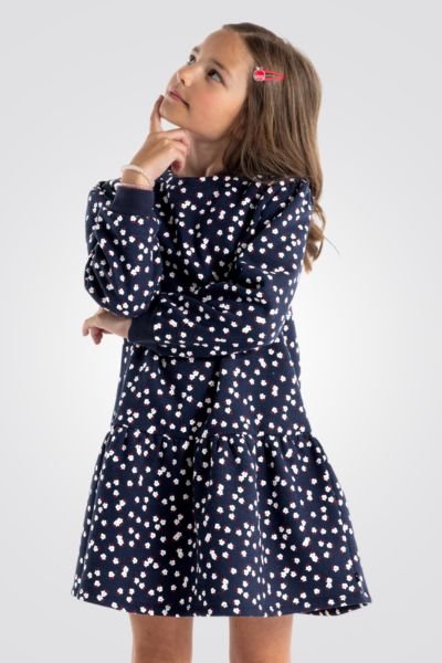 OKAIDI - שמלת ילדות שרוול ארוך הדפס פרחים לבנים על כחול - MASHBIR//365