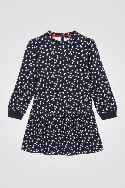 OKAIDI - שמלת ילדות שרוול ארוך הדפס פרחים לבנים על כחול - MASHBIR//365