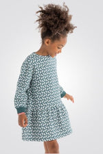 OKAIDI - שמלת ילדות שרוול ארוך הדפס ציפורים לבנות על ירוק אקווה - MASHBIR//365