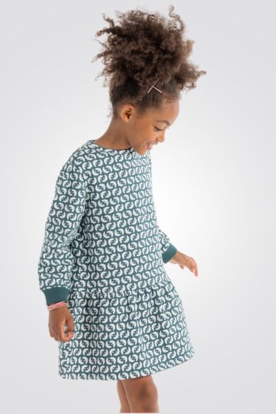 OKAIDI - שמלת ילדות שרוול ארוך הדפס ציפורים לבנות על ירוק אקווה - MASHBIR//365