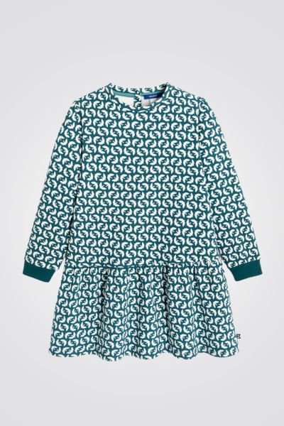 OKAIDI - שמלת ילדות שרוול ארוך הדפס ציפורים לבנות על ירוק אקווה - MASHBIR//365