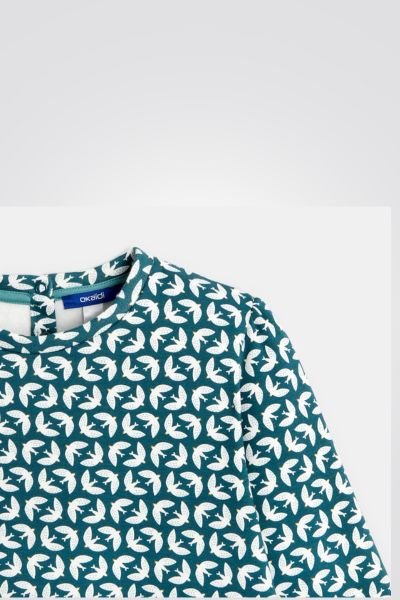 OKAIDI - שמלת ילדות שרוול ארוך הדפס ציפורים לבנות על ירוק אקווה - MASHBIR//365