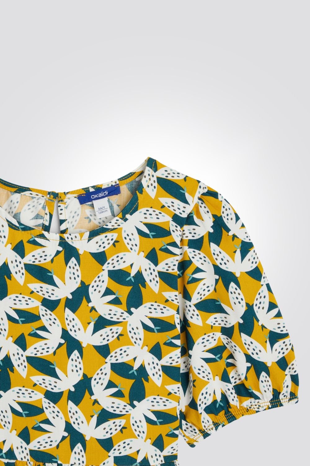 OKAIDI - שמלת ילדות שרוול קצר הדפס ציפורים ירוק צהוב לבן - MASHBIR//365