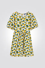 OKAIDI - שמלת ילדות שרוול קצר הדפס ציפורים ירוק צהוב לבן - MASHBIR//365