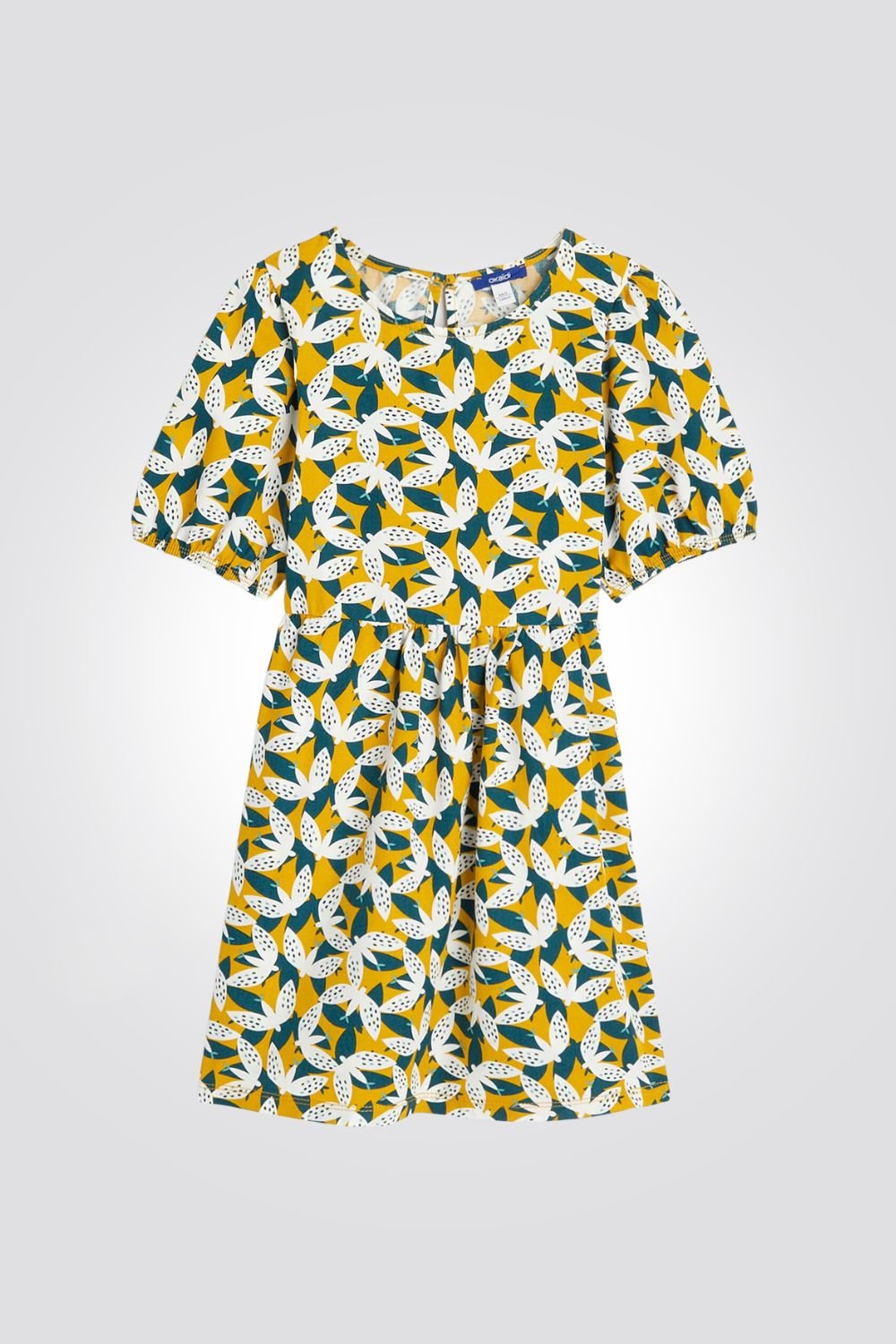 OKAIDI - שמלת ילדות שרוול קצר הדפס ציפורים ירוק צהוב לבן - MASHBIR//365