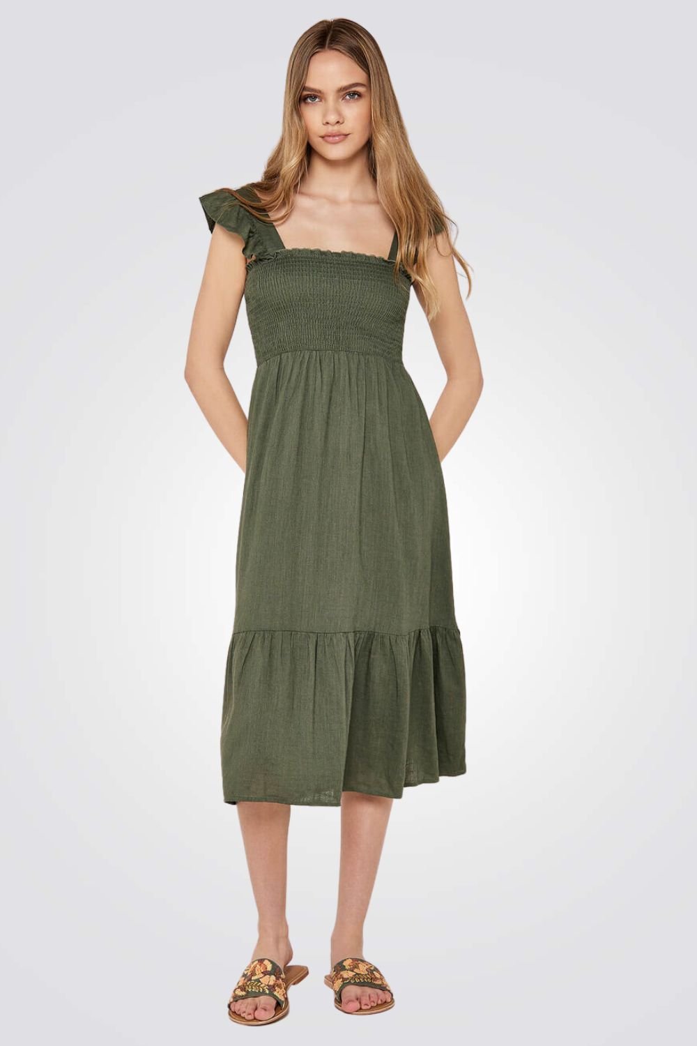 APRICOT - שמלת מידי עם רצועות מסולסלות בצבע ירוק זית - MASHBIR//365