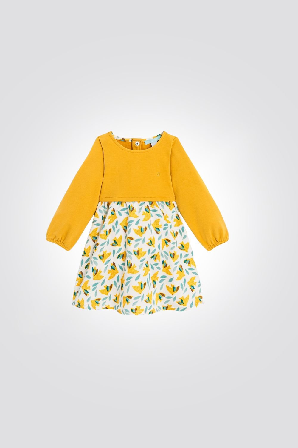 OBAIBI - שמלת תינוקות בשילוב פוטר צהוב חלק והדפס ציפורים צהובות על לבן - MASHBIR//365