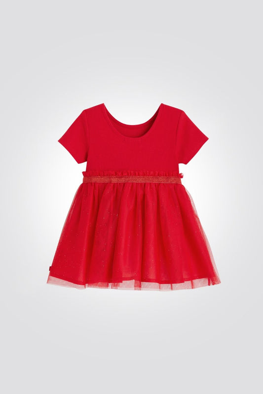 OBAIBI - שמלת תינוקות שרוול קצר ריבס עם חצאית טול באדום - MASHBIR//365