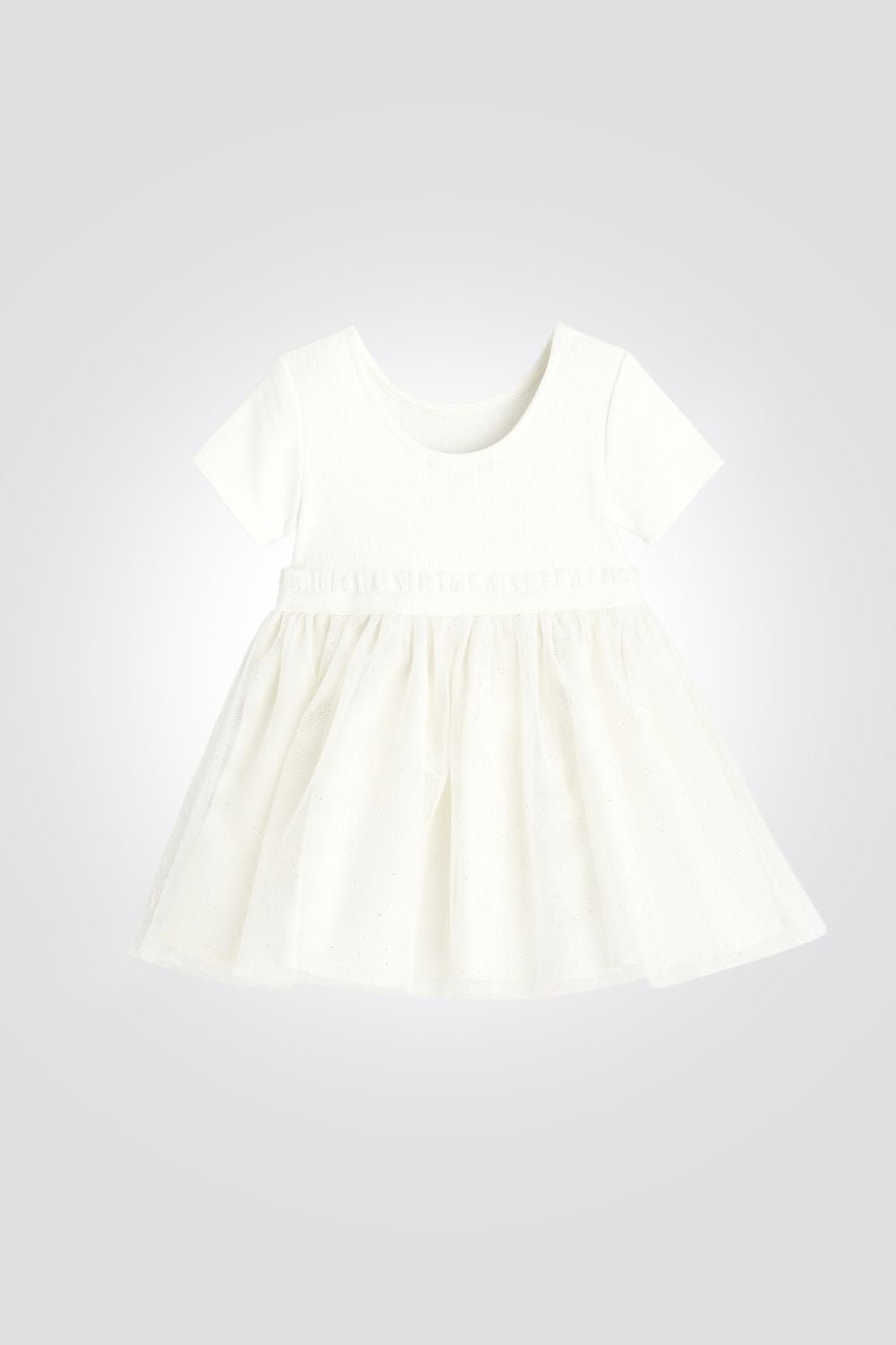 OBAIBI - שמלת תינוקות שרוול קצר ריבס עם חצאית טול בלבן - MASHBIR//365