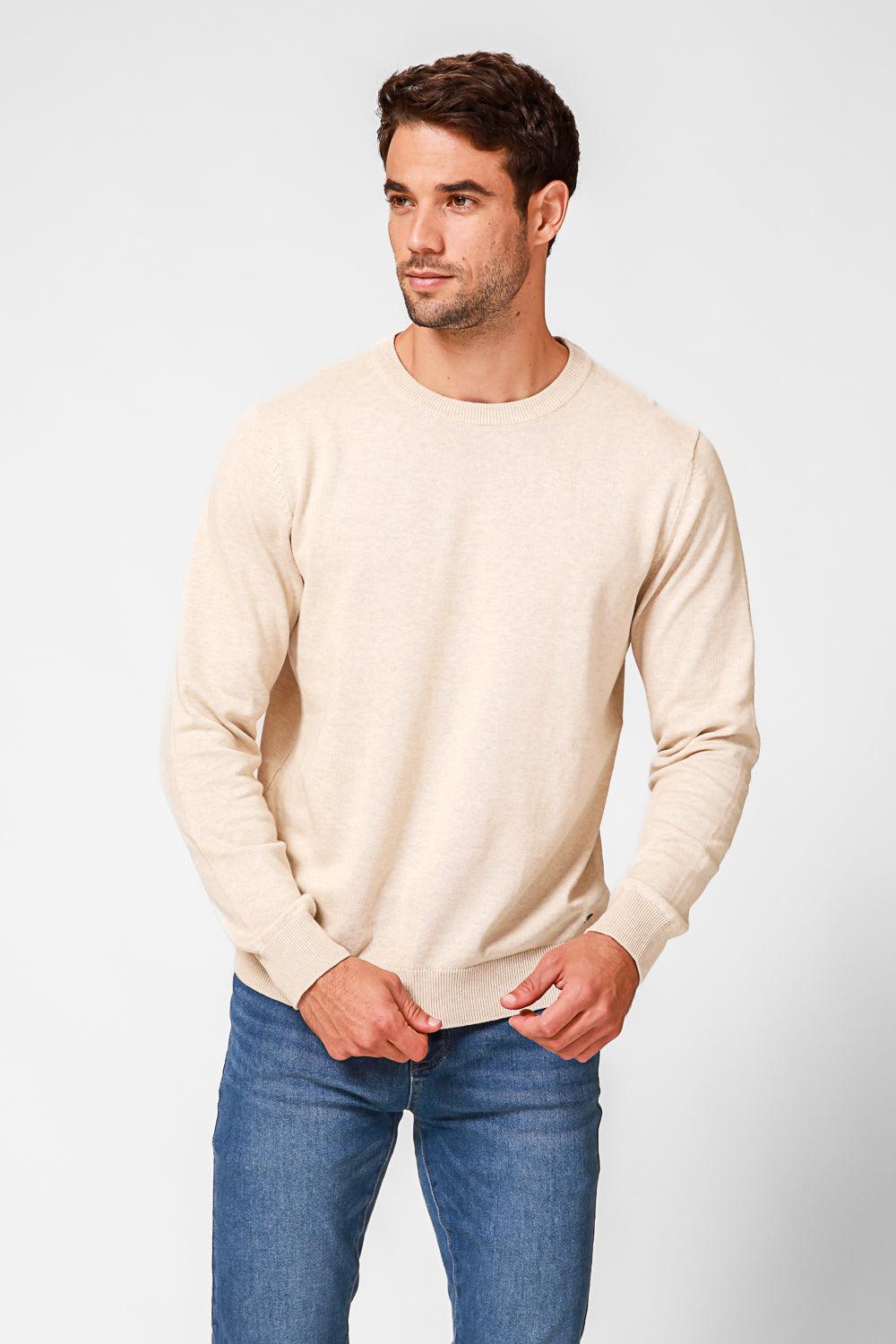 KENNETH COLE - סריג כותנה בייסיק עם צווארון עגול בצבע בז' - MASHBIR//365