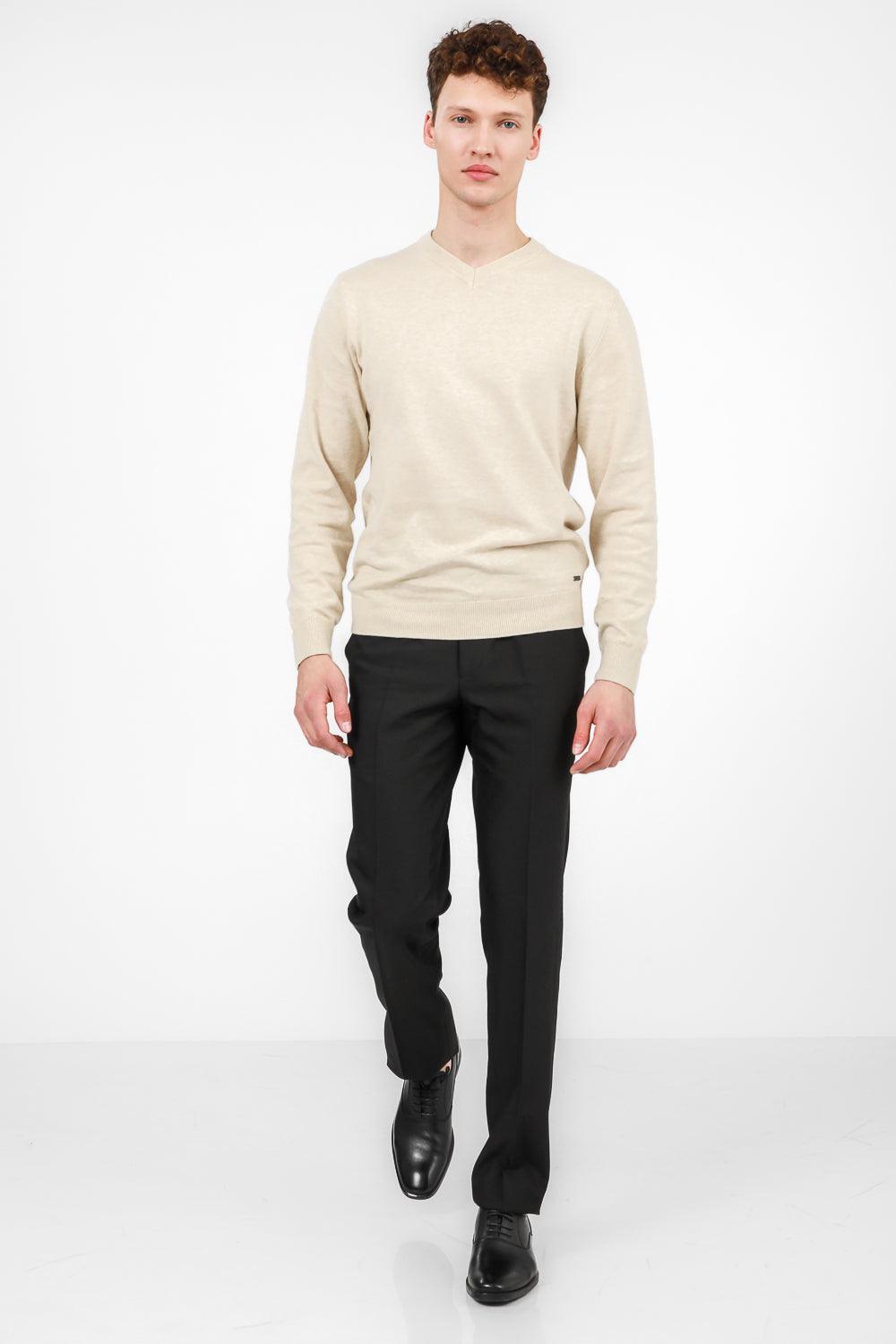 KENNETH COLE - סריג כותנה בייסיק צווארון V בצבע STONE - MASHBIR//365