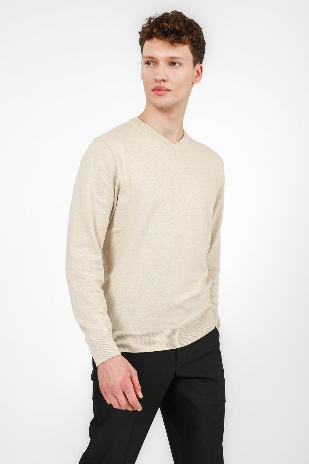 KENNETH COLE - סריג כותנה בייסיק צווארון V בצבע STONE - MASHBIR//365