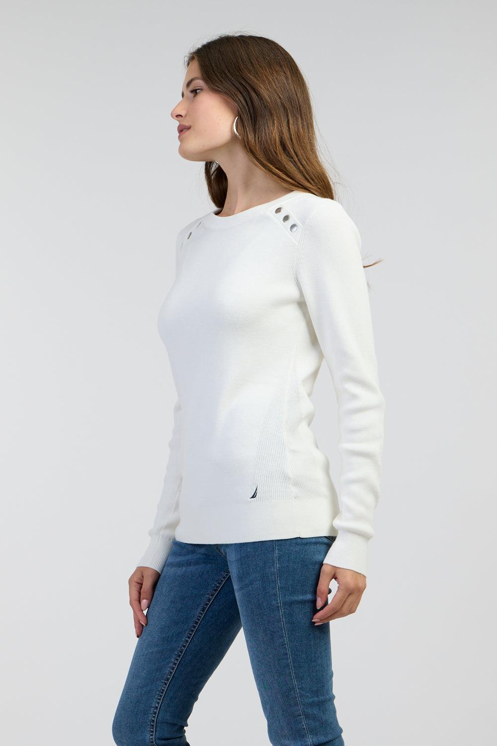 NAUTICA - סריג צווארון עגול עם לוגו רקמה בצבע לבן - MASHBIR//365