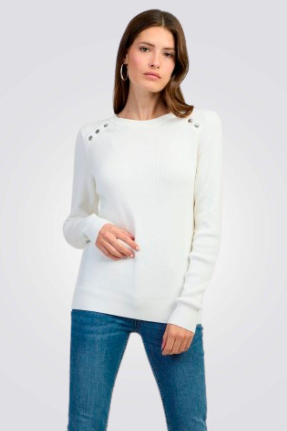 NAUTICA - סריג צווארון עגול עם לוגו רקמה בצבע לבן - MASHBIR//365