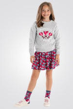 OKAIDI - סוודר ילדות אפור מלאנג' בהיר עם ריקמת פרחים ורודים - MASHBIR//365