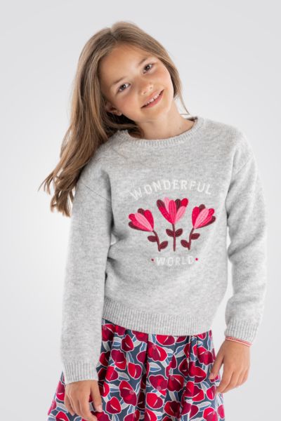 OKAIDI - סוודר ילדות אפור מלאנג' בהיר עם ריקמת פרחים ורודים - MASHBIR//365