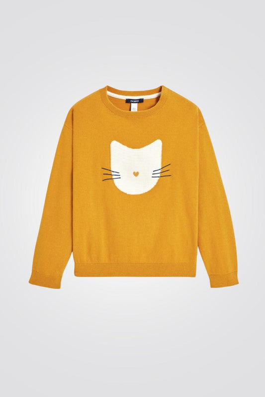OKAIDI - סוודר חתול רקום בצבע צהוב לילדות - MASHBIR//365