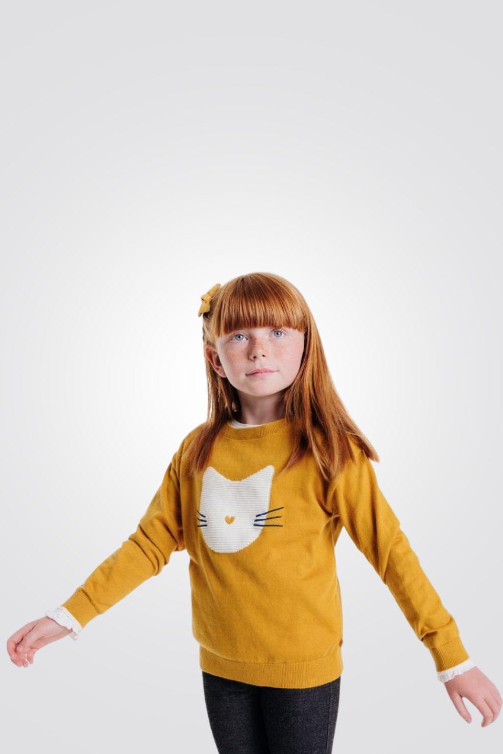 OKAIDI - סוודר חתול רקום בצבע צהוב לילדות - MASHBIR//365