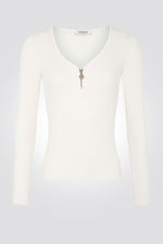 MORGAN - סוודר וי ריבס עם רוכסן מקדימה בשמנת - MASHBIR//365