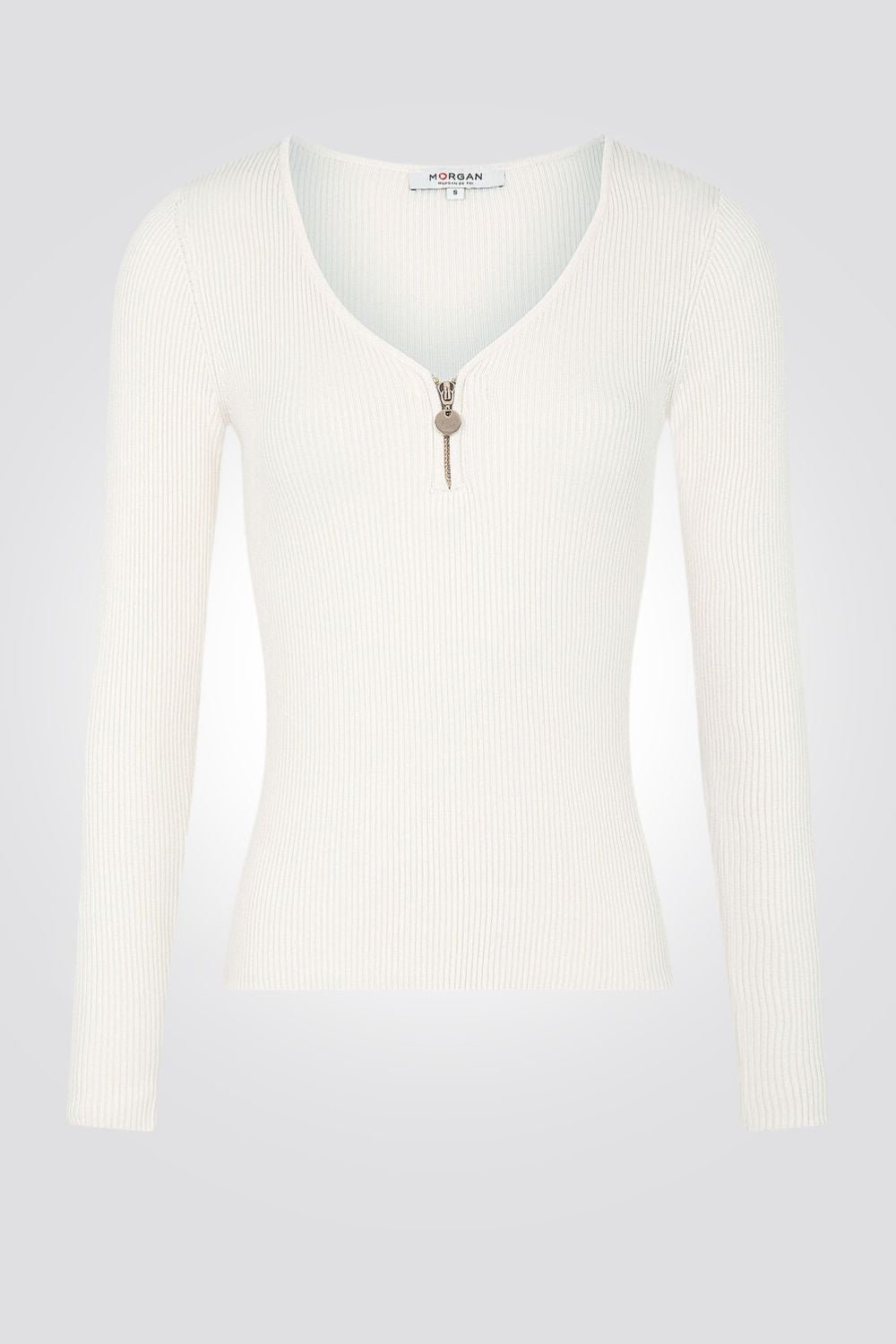 MORGAN - סוודר וי ריבס עם רוכסן מקדימה בשמנת - MASHBIR//365