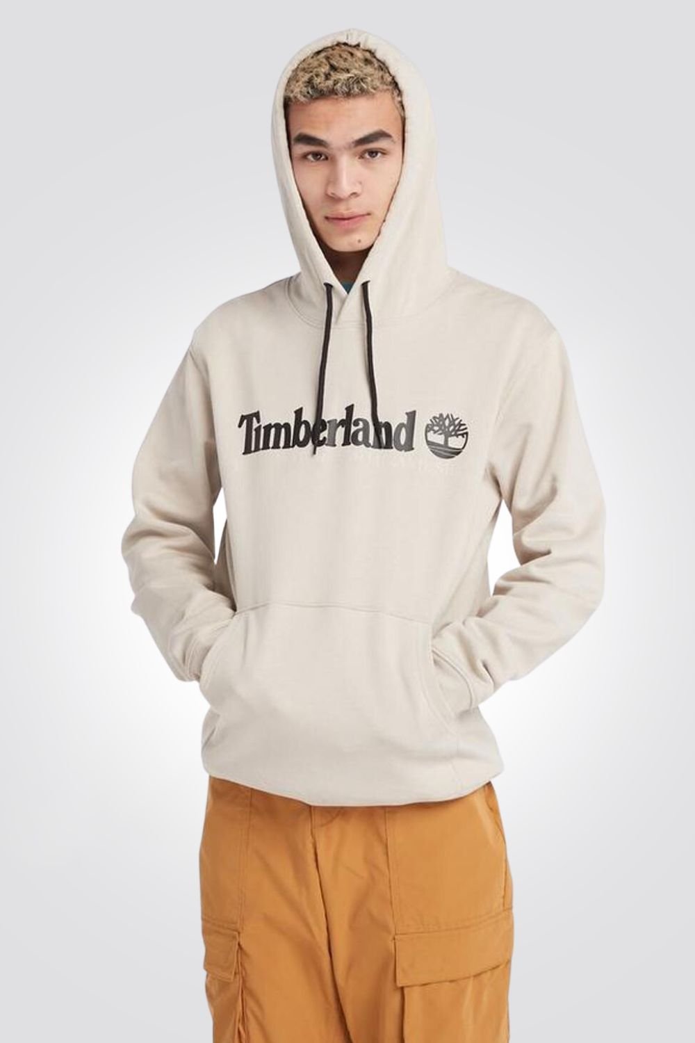 TIMBERLAND - סווטשירט בז' עם כובע קפוצ’ון והדפס לוגו עץ - MASHBIR//365