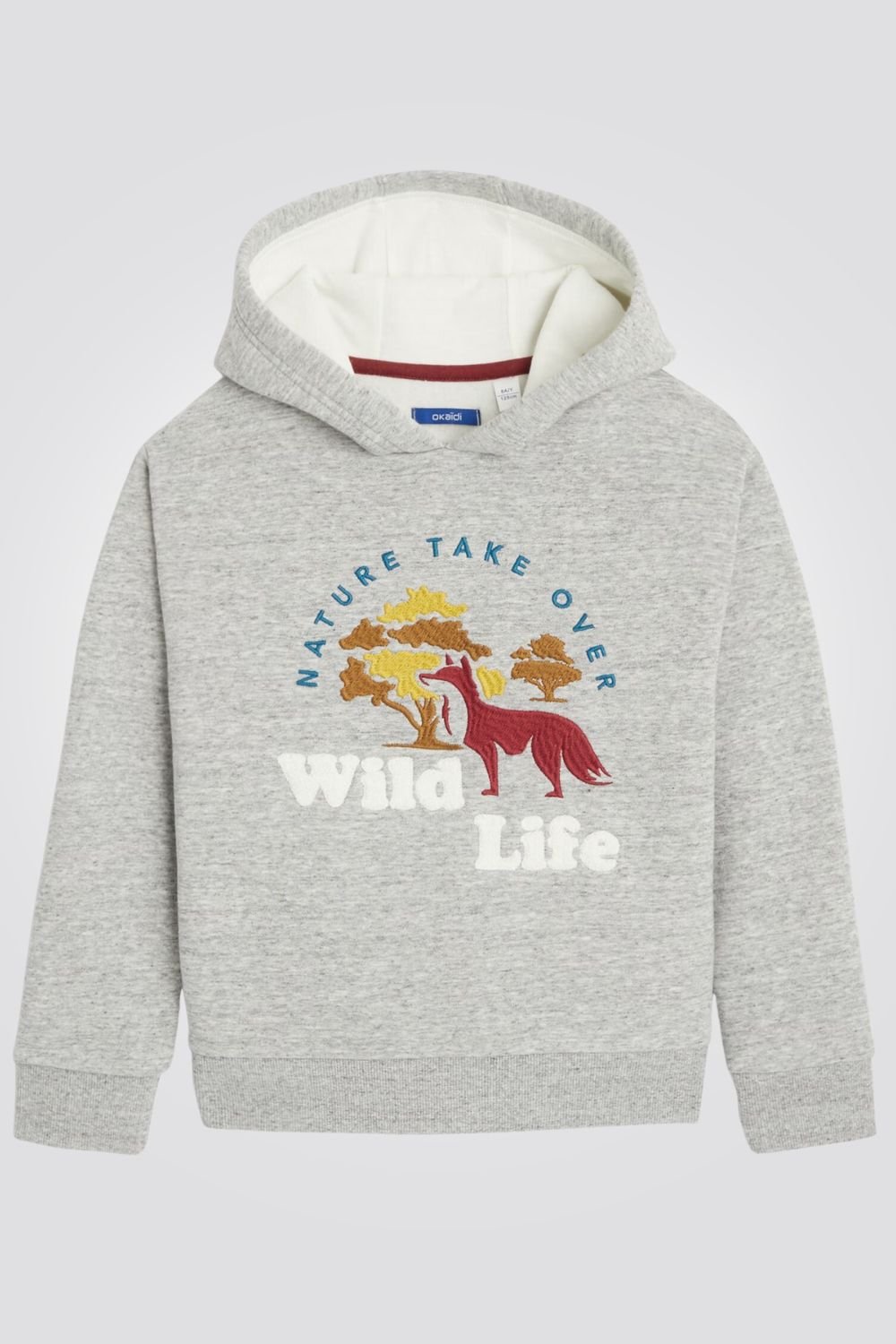 OKAIDI - סווטשירט ילדים עם קאפושון באפור אמריקאי עם ריקמת חיות בר - MASHBIR//365