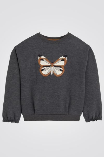 OKAIDI - סטוושירט ילדות אפור עם ריקמת פרפר חומה - MASHBIR//365