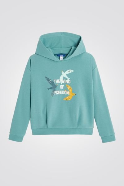 OKAIDI - סווטשירט ילדות עם קאפושון בצבע ירק מנטה עם הדפס ציפורים בצהוב ולבן - MASHBIR//365