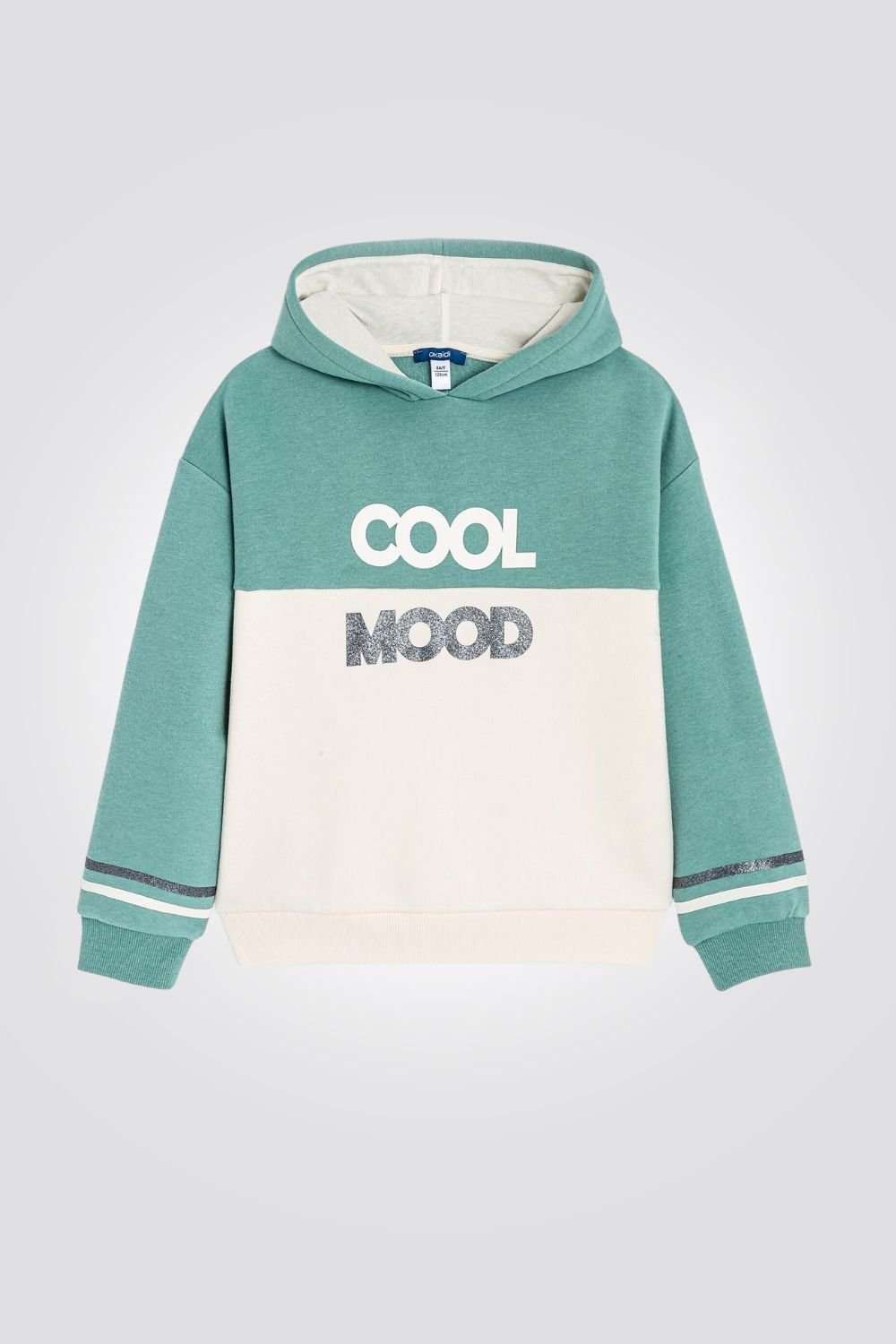 OKAIDI - סווטשירט ילדות עם קאפושון שילוב של מנטה עם לבן והדפס קדימה - MASHBIR//365