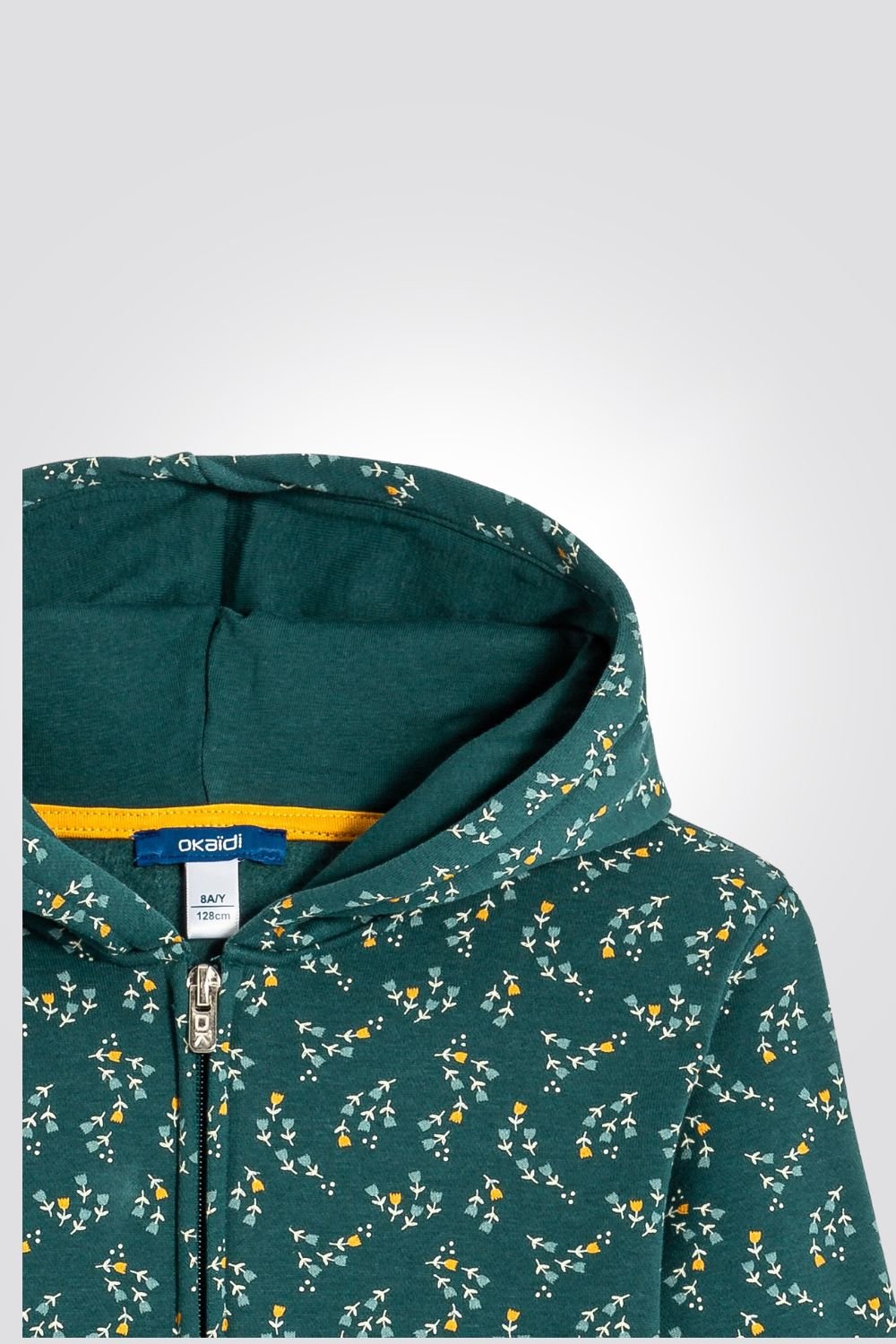 OKAIDI - סווטשירט ילדות עם רוכסן וקאפושון הדפס פרחים צבעוניים על ירוק - MASHBIR//365