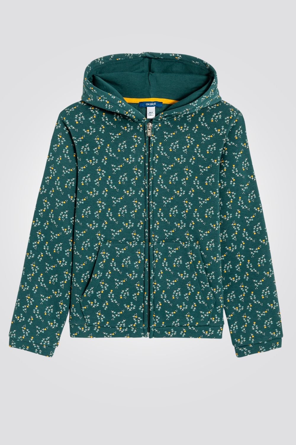 OKAIDI - סווטשירט ילדות עם רוכסן וקאפושון הדפס פרחים צבעוניים על ירוק - MASHBIR//365
